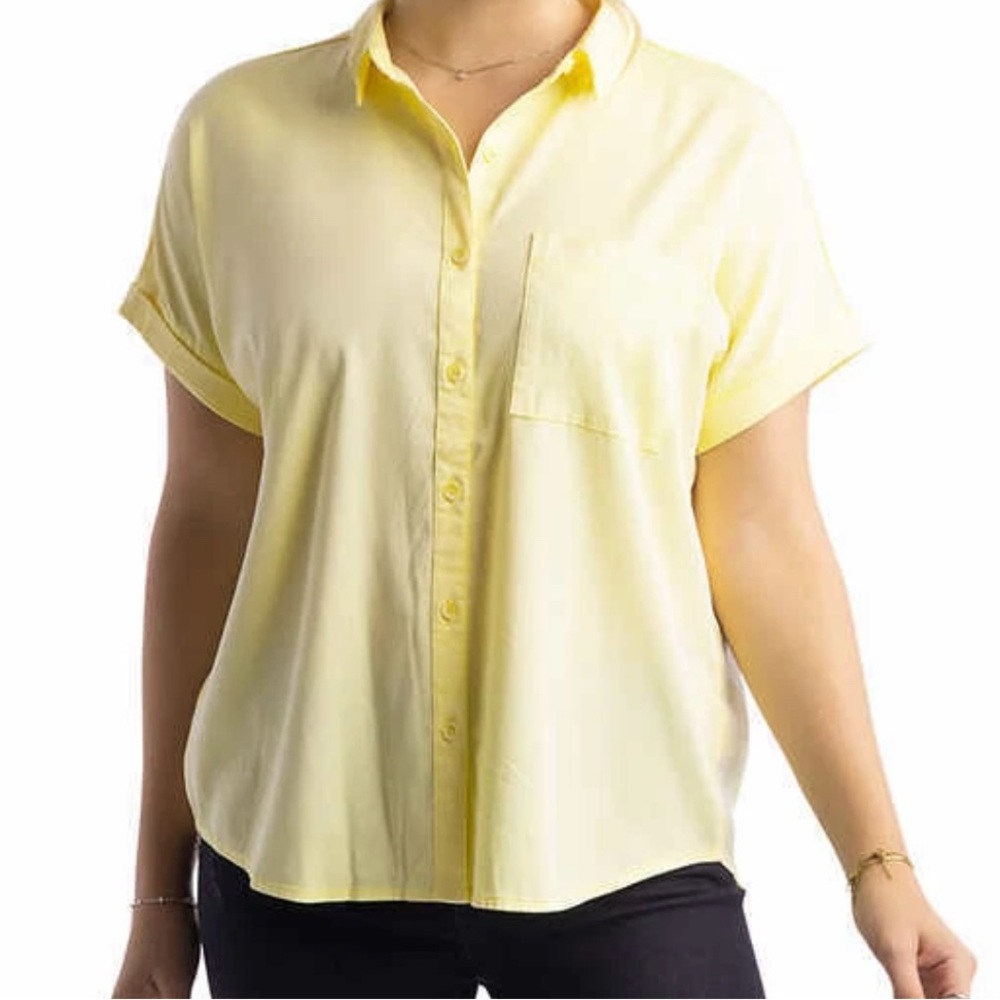 Ecothreads women’s XL Short Sleeve Button‎ Up Top 100% lyocell yellow blouse